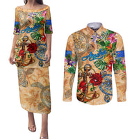 Aruba Couples Matching Puletasi and Long Sleeve Button Shirt Geographic Coordinate Anchor - Turlte Tropical