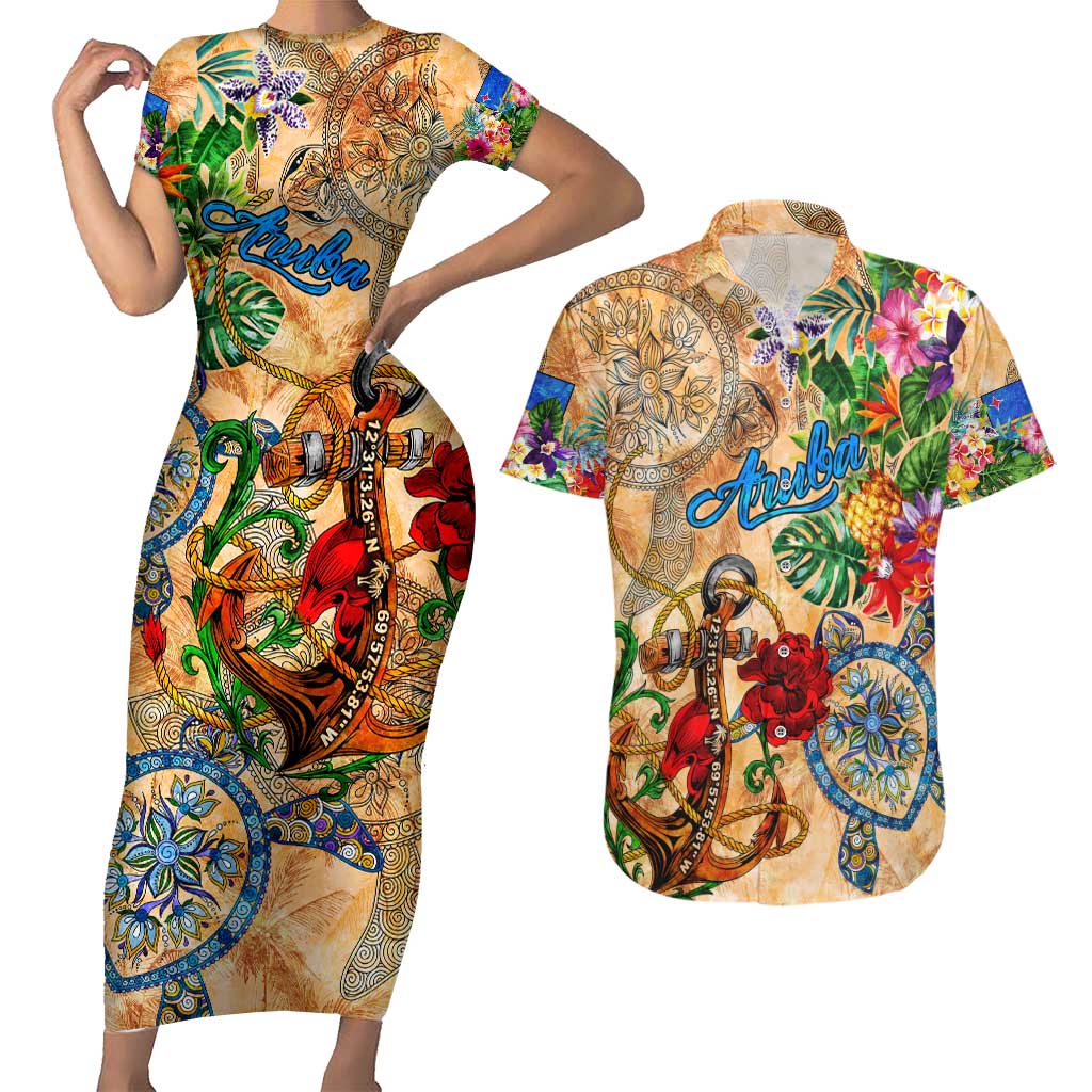 Aruba Couples Matching Short Sleeve Bodycon Dress and Hawaiian Shirt Geographic Coordinate Anchor - Turlte Tropical