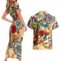 Aruba Couples Matching Short Sleeve Bodycon Dress and Hawaiian Shirt Geographic Coordinate Anchor - Turlte Tropical