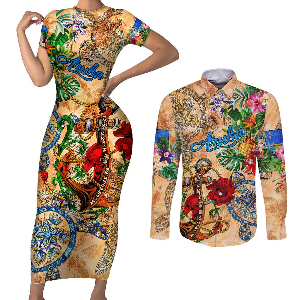 Aruba Couples Matching Short Sleeve Bodycon Dress and Long Sleeve Button Shirt Geographic Coordinate Anchor - Turlte Tropical