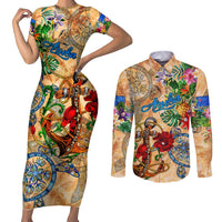 Aruba Couples Matching Short Sleeve Bodycon Dress and Long Sleeve Button Shirt Geographic Coordinate Anchor - Turlte Tropical