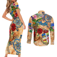 Aruba Couples Matching Short Sleeve Bodycon Dress and Long Sleeve Button Shirt Geographic Coordinate Anchor - Turlte Tropical