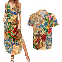 Aruba Couples Matching Summer Maxi Dress and Hawaiian Shirt Geographic Coordinate Anchor - Turlte Tropical