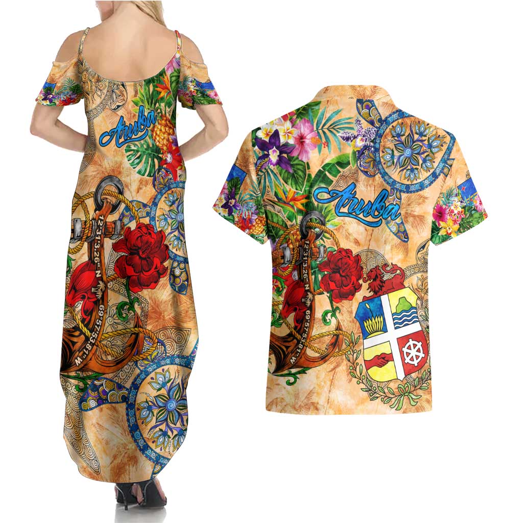 Aruba Couples Matching Summer Maxi Dress and Hawaiian Shirt Geographic Coordinate Anchor - Turlte Tropical