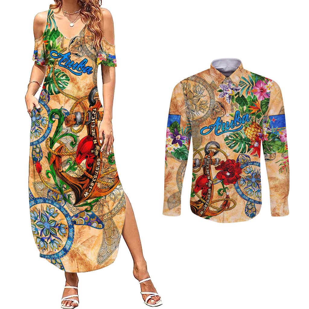 Aruba Couples Matching Summer Maxi Dress and Long Sleeve Button Shirt Geographic Coordinate Anchor - Turlte Tropical