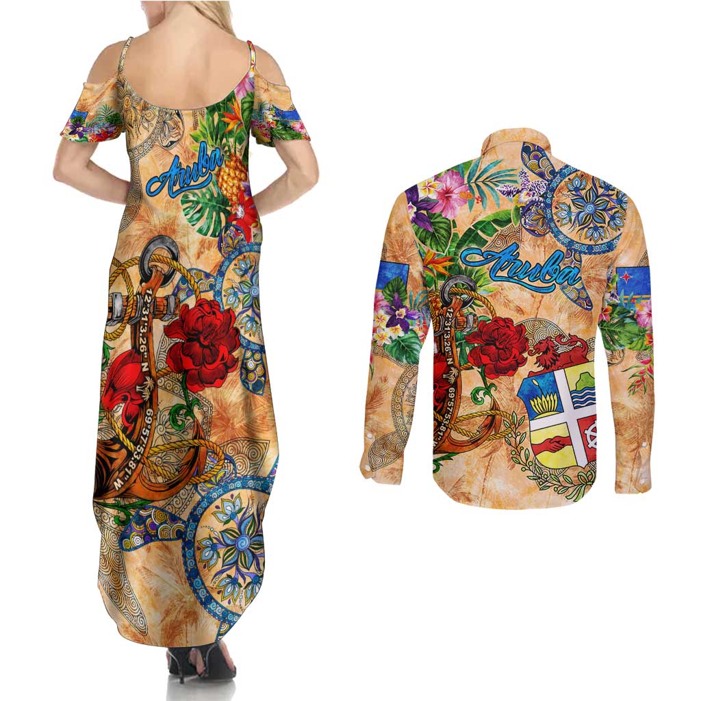 Aruba Couples Matching Summer Maxi Dress and Long Sleeve Button Shirt Geographic Coordinate Anchor - Turlte Tropical