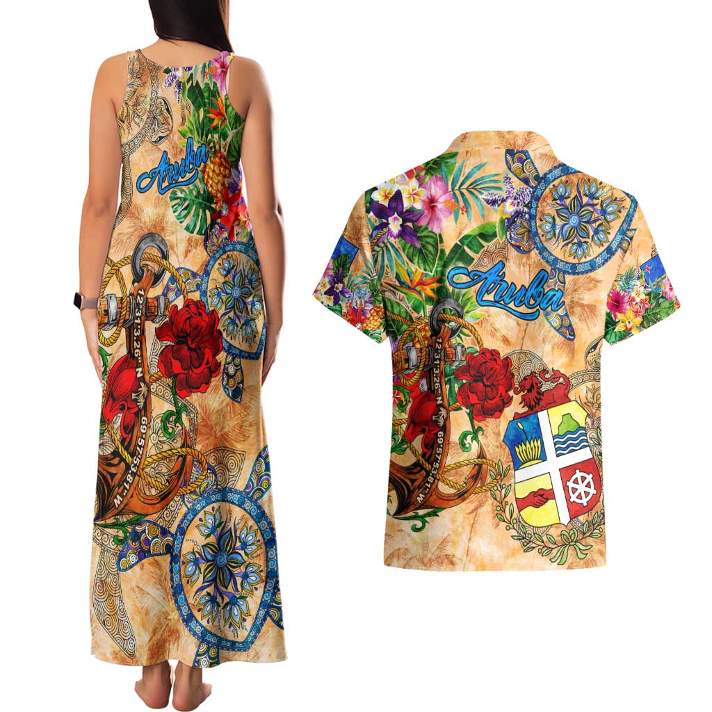 Aruba Couples Matching Tank Maxi Dress and Hawaiian Shirt Geographic Coordinate Anchor - Turlte Tropical