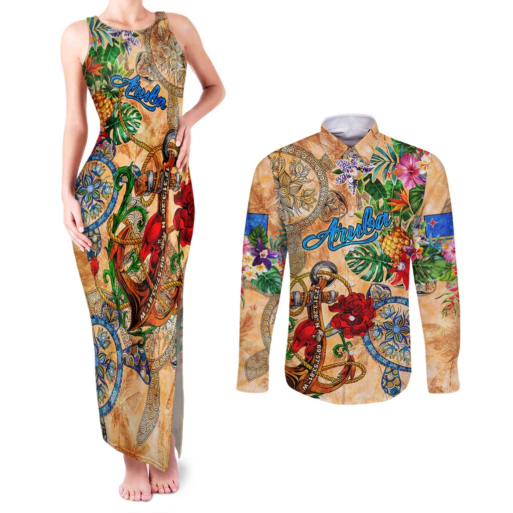 Aruba Couples Matching Tank Maxi Dress and Long Sleeve Button Shirt Geographic Coordinate Anchor - Turlte Tropical