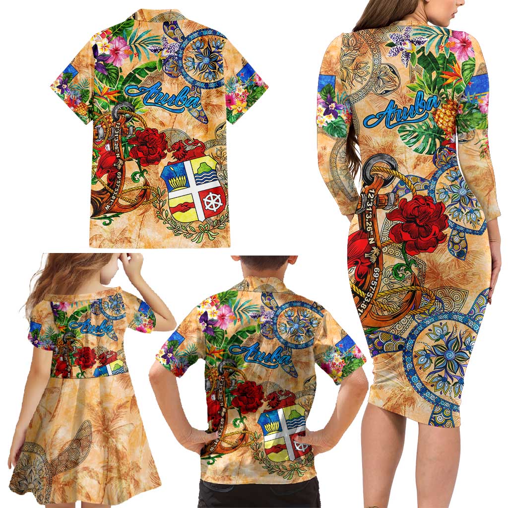 Aruba Family Matching Long Sleeve Bodycon Dress and Hawaiian Shirt Geographic Coordinate Anchor - Turlte Tropical