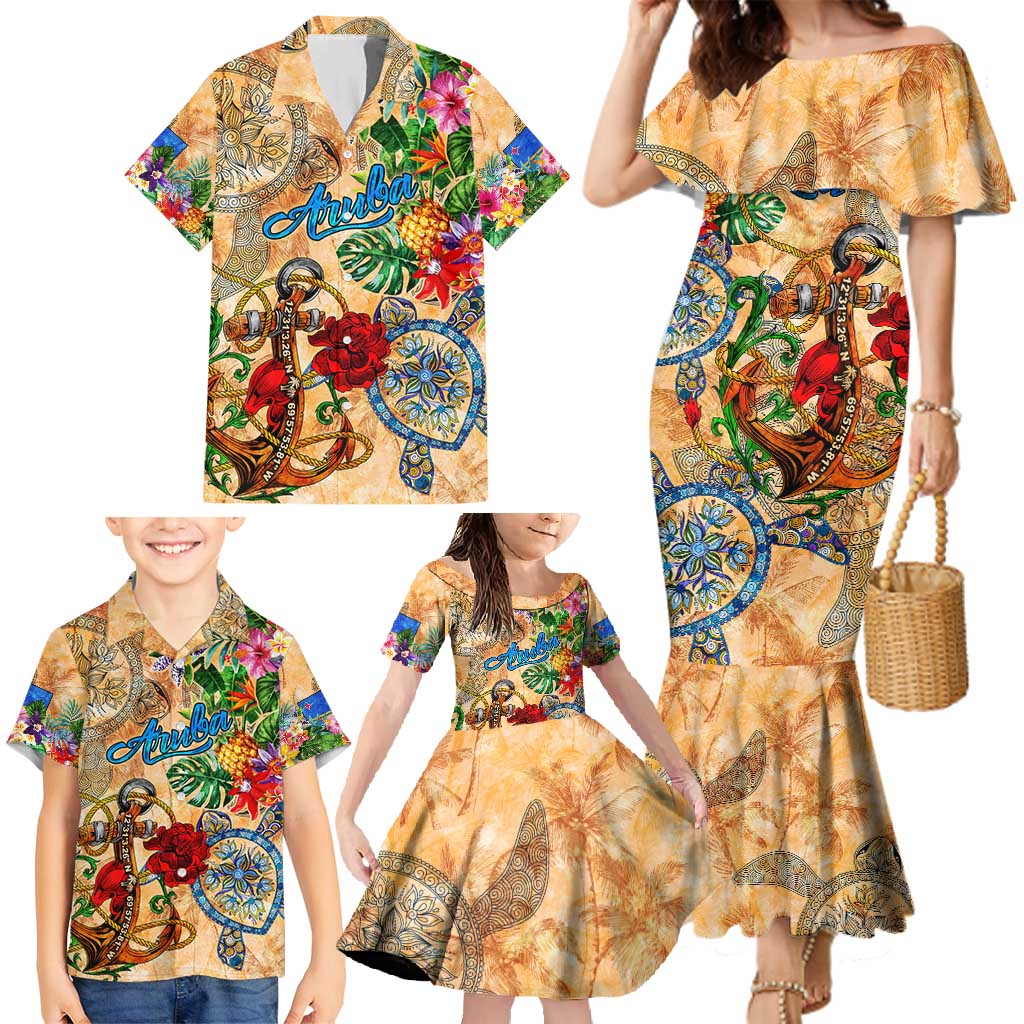 Aruba Family Matching Mermaid Dress and Hawaiian Shirt Geographic Coordinate Anchor - Turlte Tropical