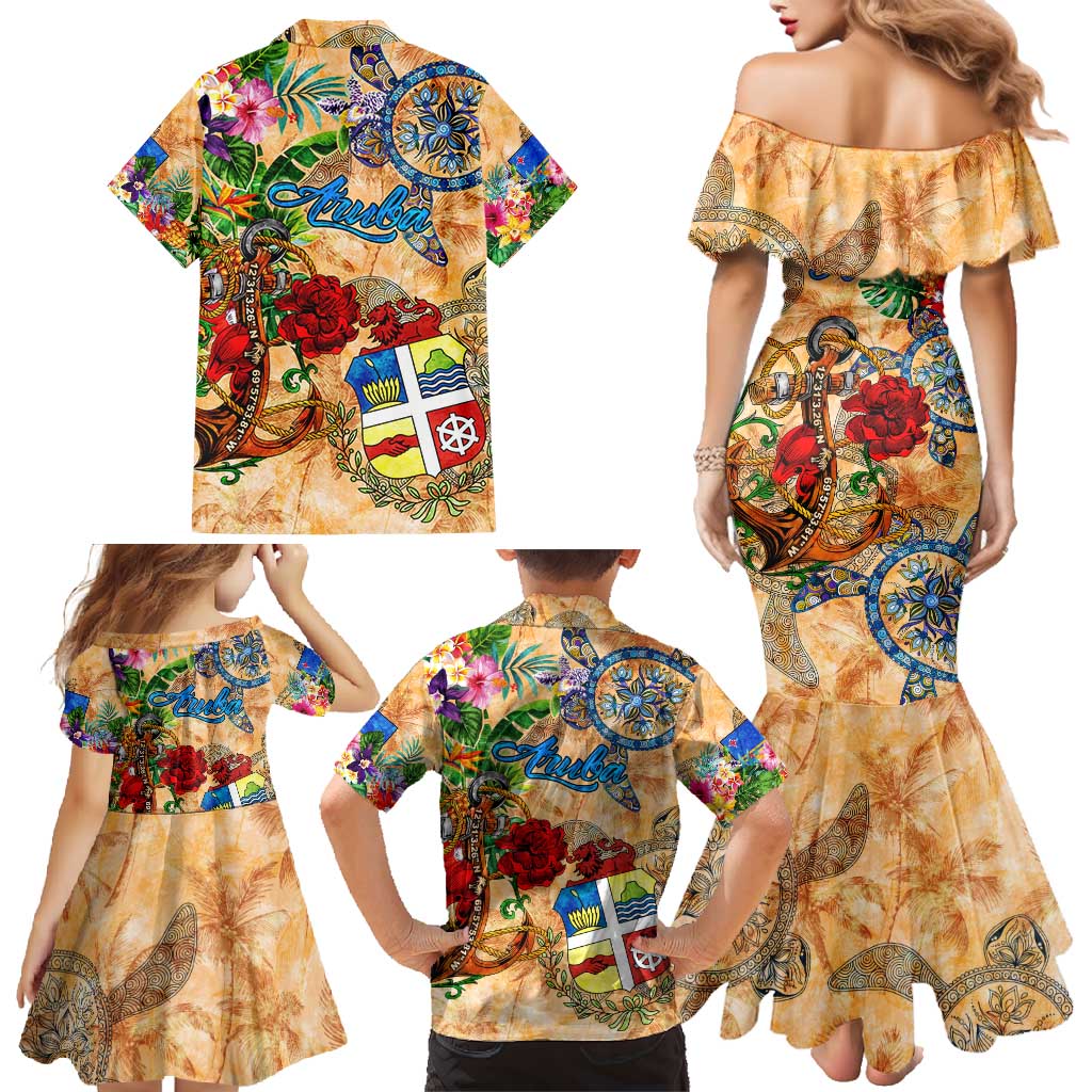 Aruba Family Matching Mermaid Dress and Hawaiian Shirt Geographic Coordinate Anchor - Turlte Tropical