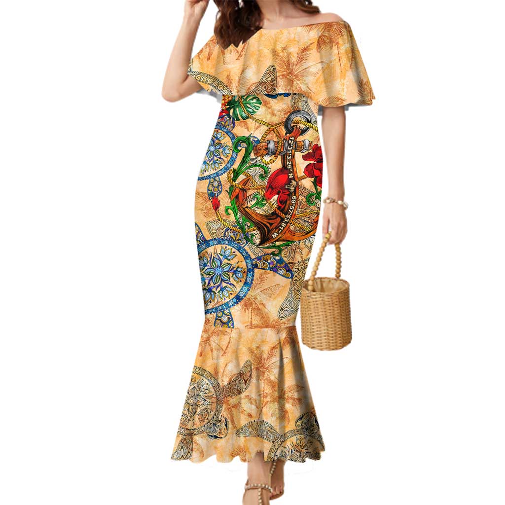 Aruba Family Matching Mermaid Dress and Hawaiian Shirt Geographic Coordinate Anchor - Turlte Tropical