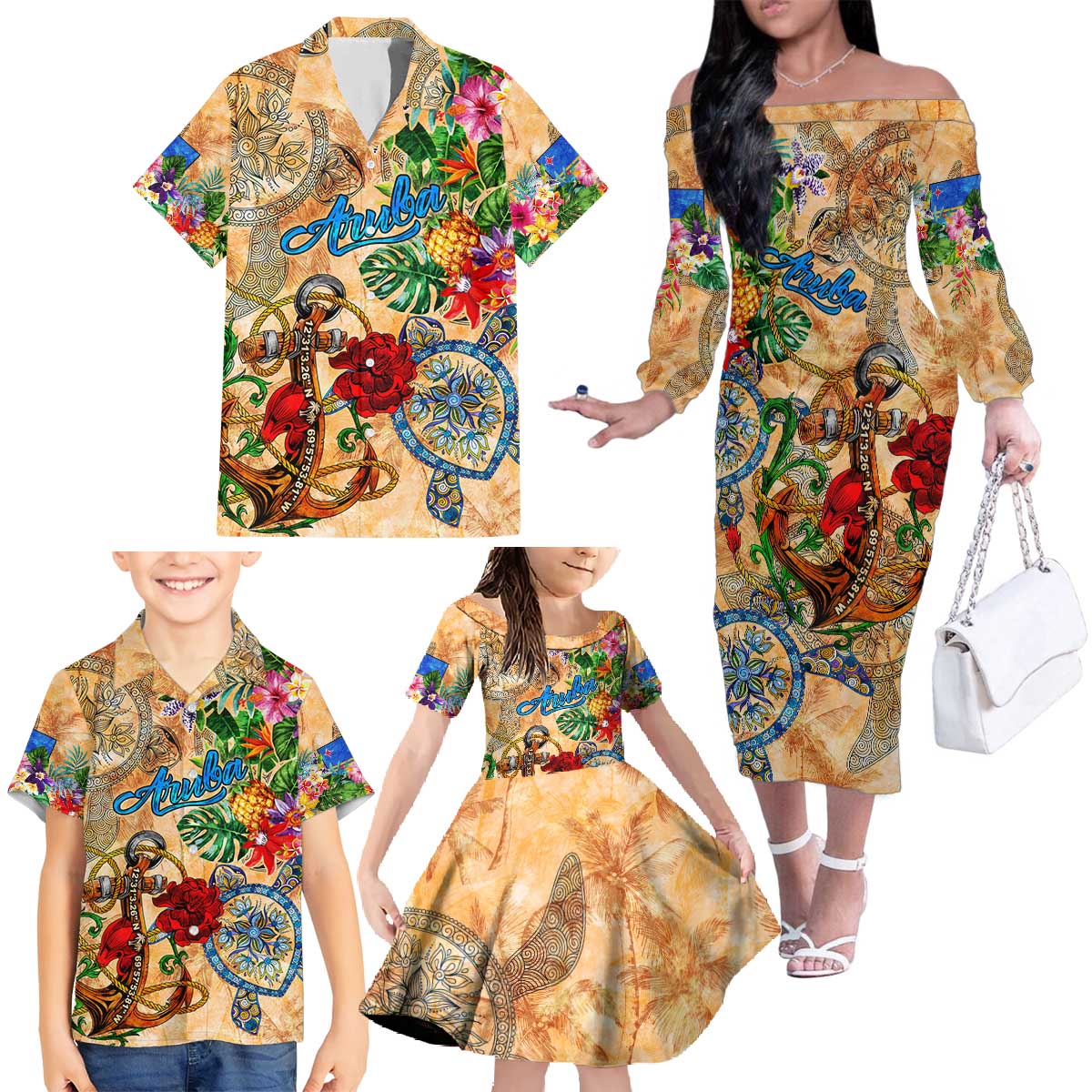 Aruba Family Matching Off The Shoulder Long Sleeve Dress and Hawaiian Shirt Geographic Coordinate Anchor - Turlte Tropical
