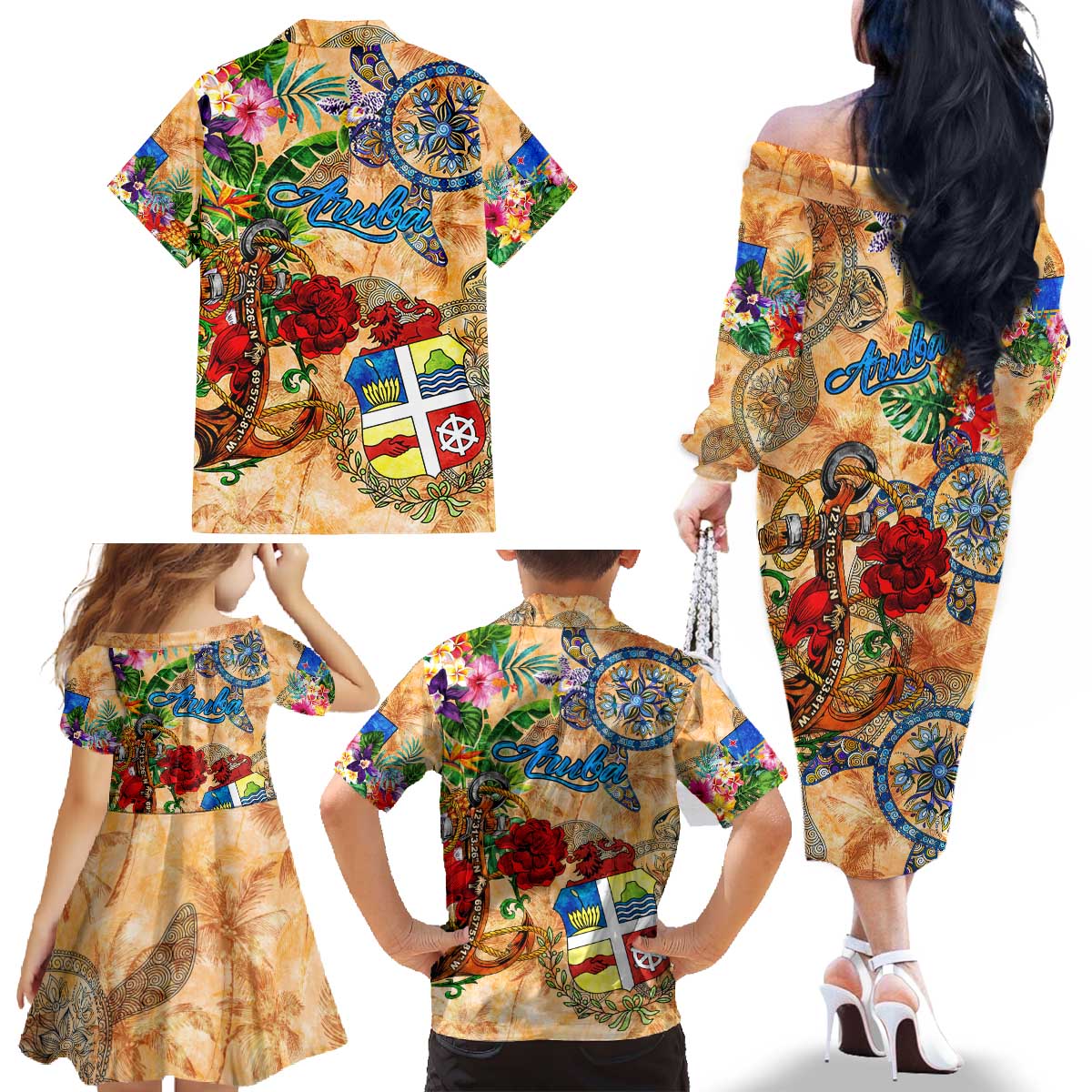 Aruba Family Matching Off The Shoulder Long Sleeve Dress and Hawaiian Shirt Geographic Coordinate Anchor - Turlte Tropical