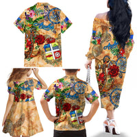 Aruba Family Matching Off The Shoulder Long Sleeve Dress and Hawaiian Shirt Geographic Coordinate Anchor - Turlte Tropical