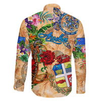 Aruba Family Matching Off The Shoulder Long Sleeve Dress and Hawaiian Shirt Geographic Coordinate Anchor - Turlte Tropical