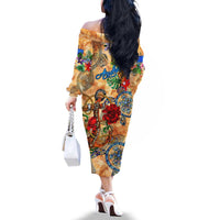 Aruba Family Matching Off The Shoulder Long Sleeve Dress and Hawaiian Shirt Geographic Coordinate Anchor - Turlte Tropical