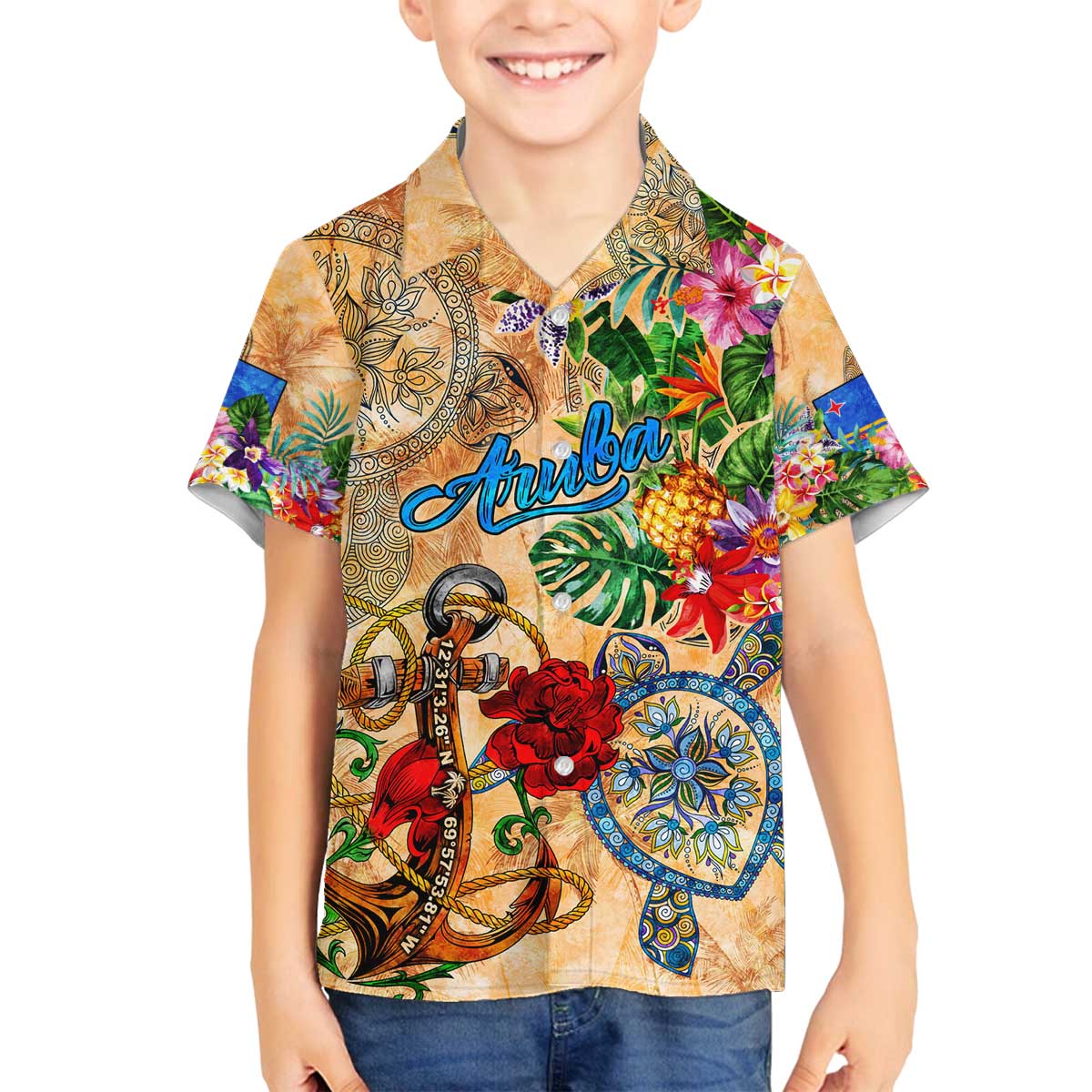 Aruba Family Matching Off The Shoulder Long Sleeve Dress and Hawaiian Shirt Geographic Coordinate Anchor - Turlte Tropical