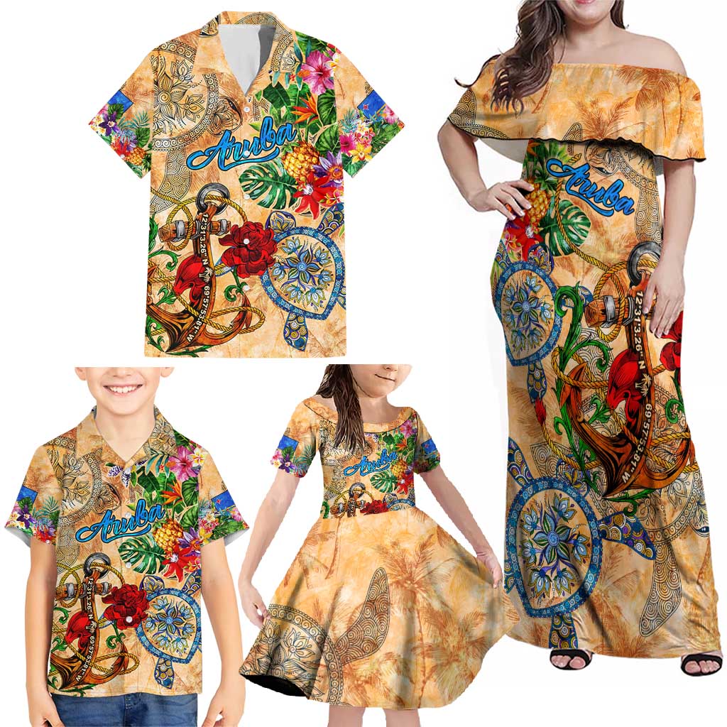 Aruba Family Matching Off Shoulder Maxi Dress and Hawaiian Shirt Geographic Coordinate Anchor - Turlte Tropical