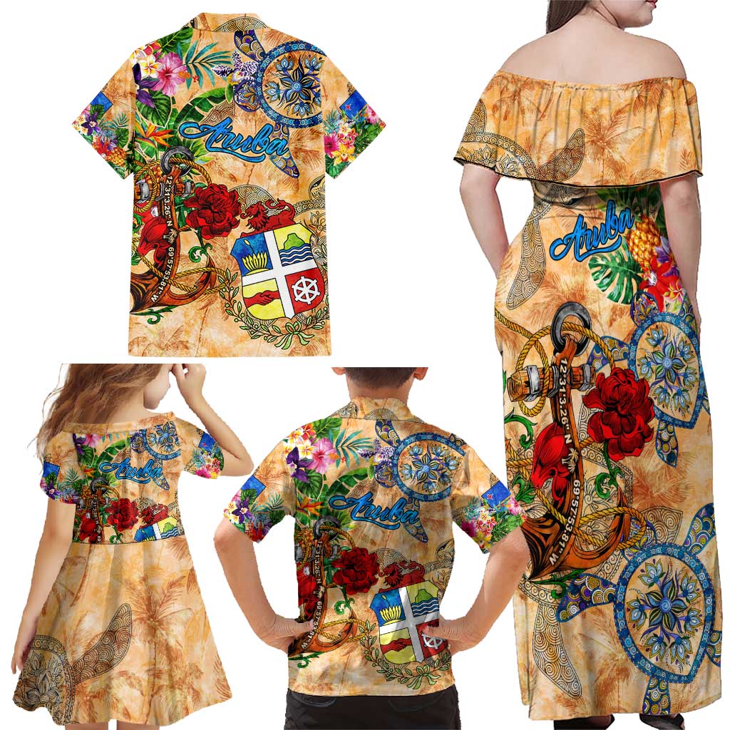 Aruba Family Matching Off Shoulder Maxi Dress and Hawaiian Shirt Geographic Coordinate Anchor - Turlte Tropical