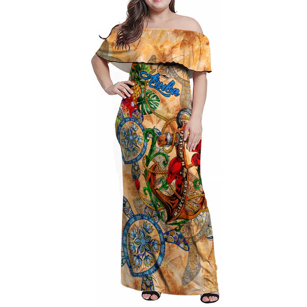 Aruba Family Matching Off Shoulder Maxi Dress and Hawaiian Shirt Geographic Coordinate Anchor - Turlte Tropical