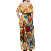 Aruba Family Matching Off Shoulder Maxi Dress and Hawaiian Shirt Geographic Coordinate Anchor - Turlte Tropical