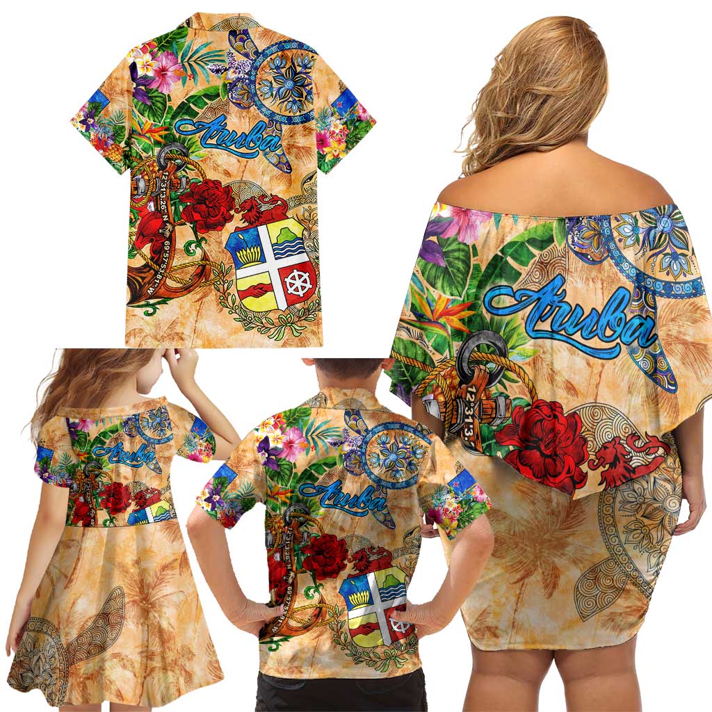 Aruba Family Matching Off Shoulder Short Dress and Hawaiian Shirt Geographic Coordinate Anchor - Turlte Tropical