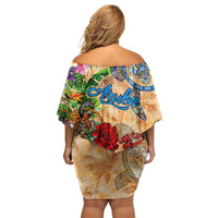 Aruba Family Matching Off Shoulder Short Dress and Hawaiian Shirt Geographic Coordinate Anchor - Turlte Tropical