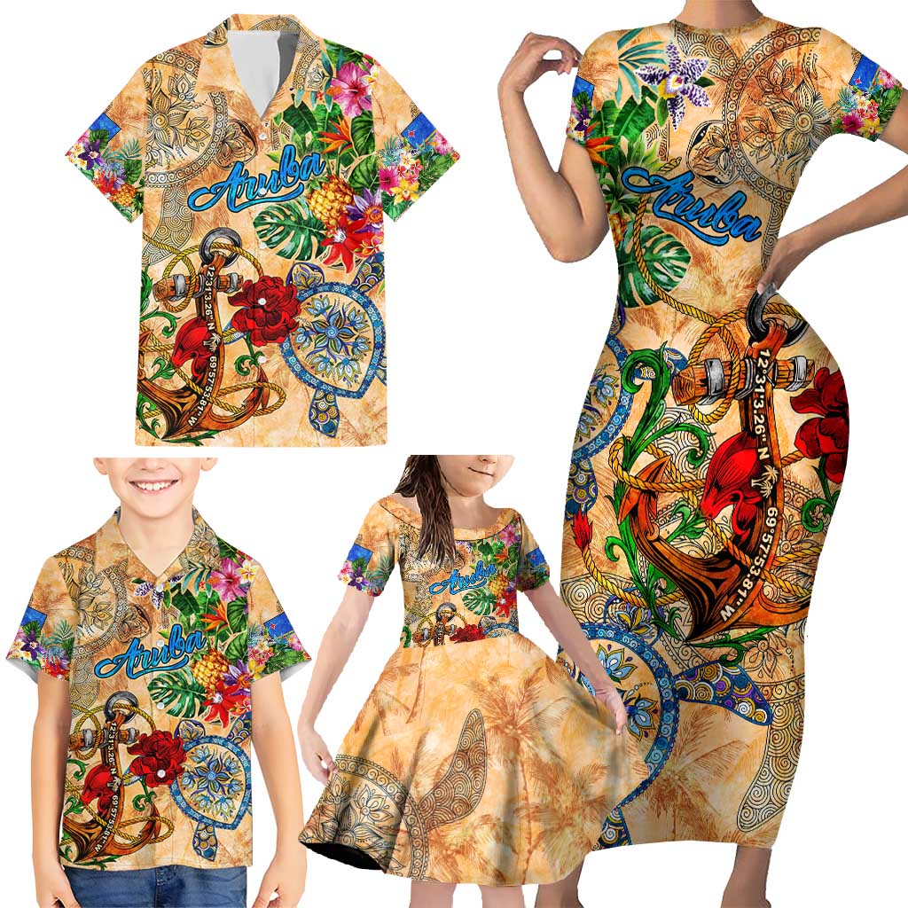 Aruba Family Matching Short Sleeve Bodycon Dress and Hawaiian Shirt Geographic Coordinate Anchor - Turlte Tropical