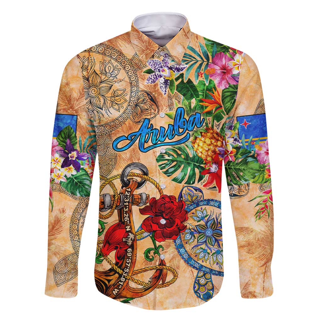 Aruba Family Matching Short Sleeve Bodycon Dress and Hawaiian Shirt Geographic Coordinate Anchor - Turlte Tropical