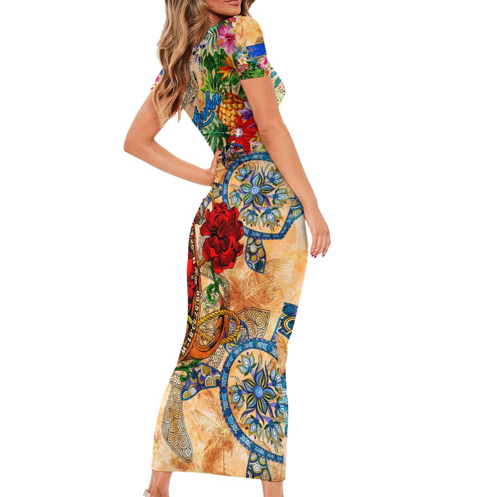 Aruba Family Matching Short Sleeve Bodycon Dress and Hawaiian Shirt Geographic Coordinate Anchor - Turlte Tropical