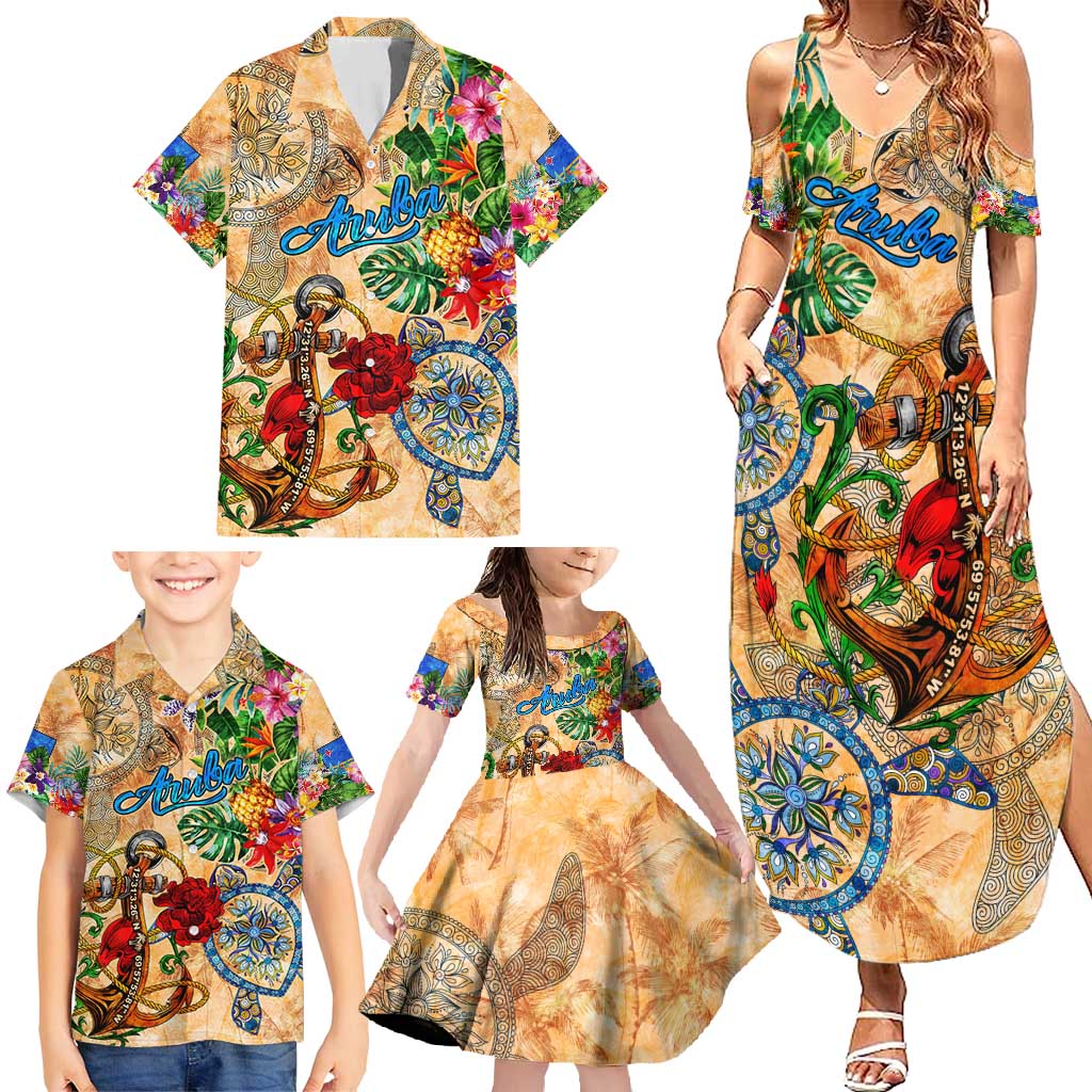 Aruba Family Matching Summer Maxi Dress and Hawaiian Shirt Geographic Coordinate Anchor - Turlte Tropical