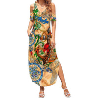 Aruba Family Matching Summer Maxi Dress and Hawaiian Shirt Geographic Coordinate Anchor - Turlte Tropical