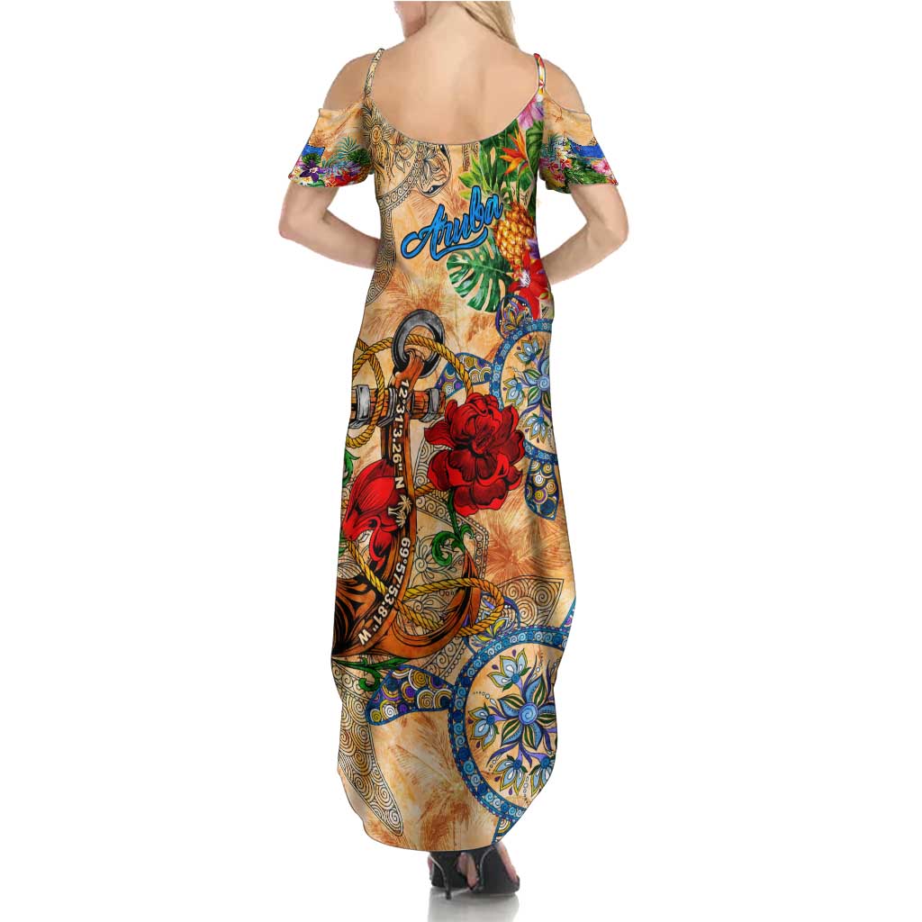 Aruba Family Matching Summer Maxi Dress and Hawaiian Shirt Geographic Coordinate Anchor - Turlte Tropical