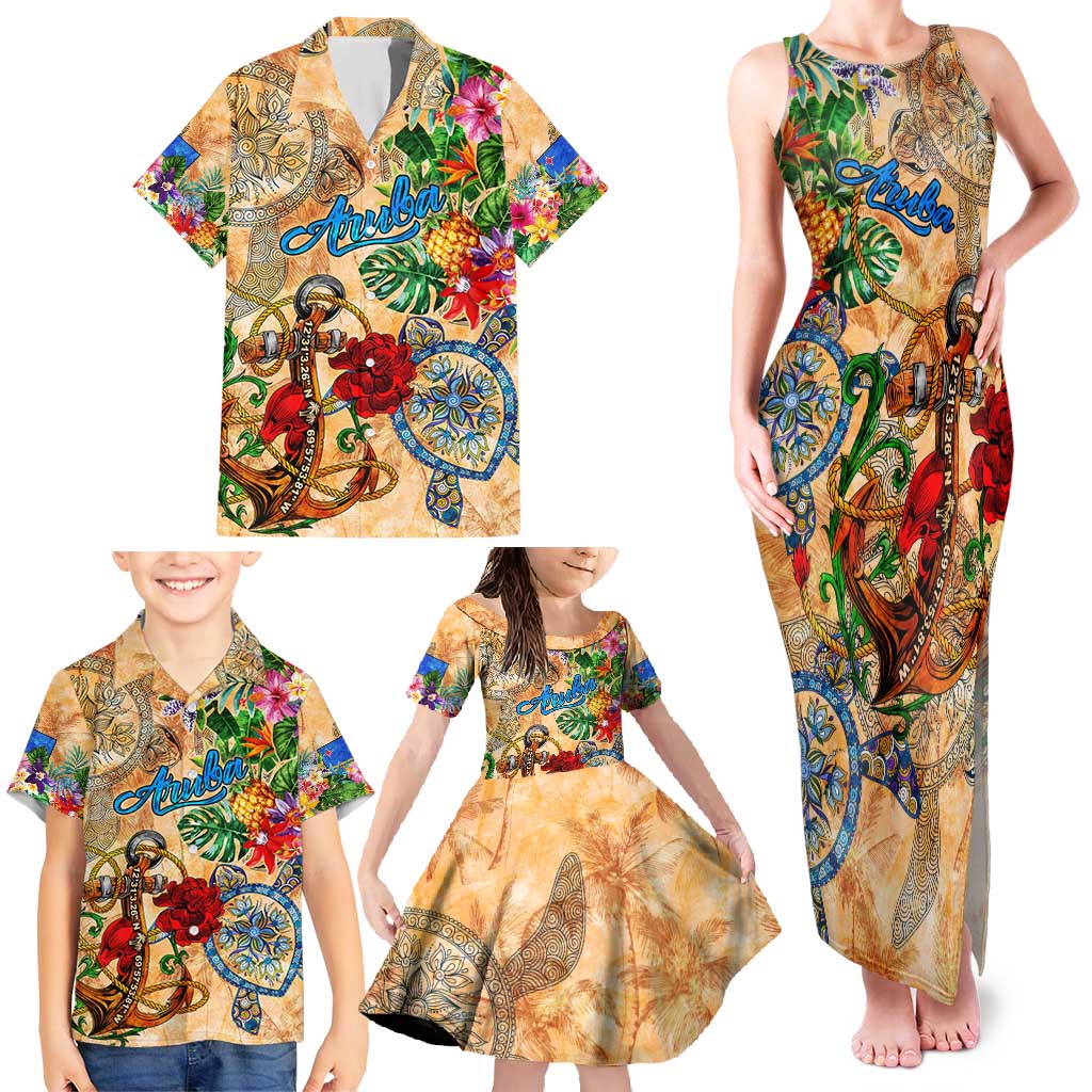 Aruba Family Matching Tank Maxi Dress and Hawaiian Shirt Geographic Coordinate Anchor - Turlte Tropical