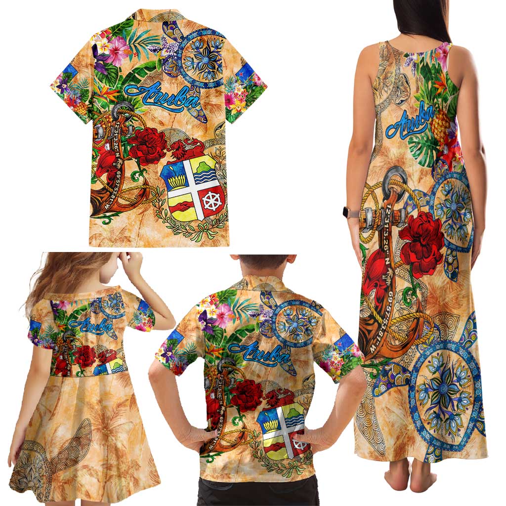Aruba Family Matching Tank Maxi Dress and Hawaiian Shirt Geographic Coordinate Anchor - Turlte Tropical