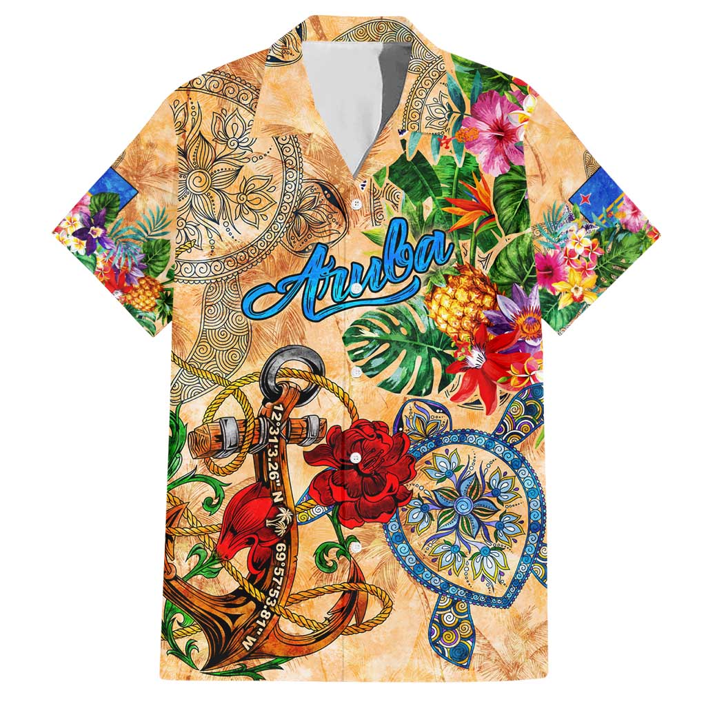 Aruba Hawaiian Shirt Geographic Coordinate Anchor - Turlte Tropical
