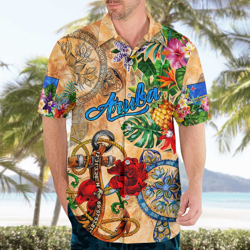 Aruba Hawaiian Shirt Geographic Coordinate Anchor - Turlte Tropical