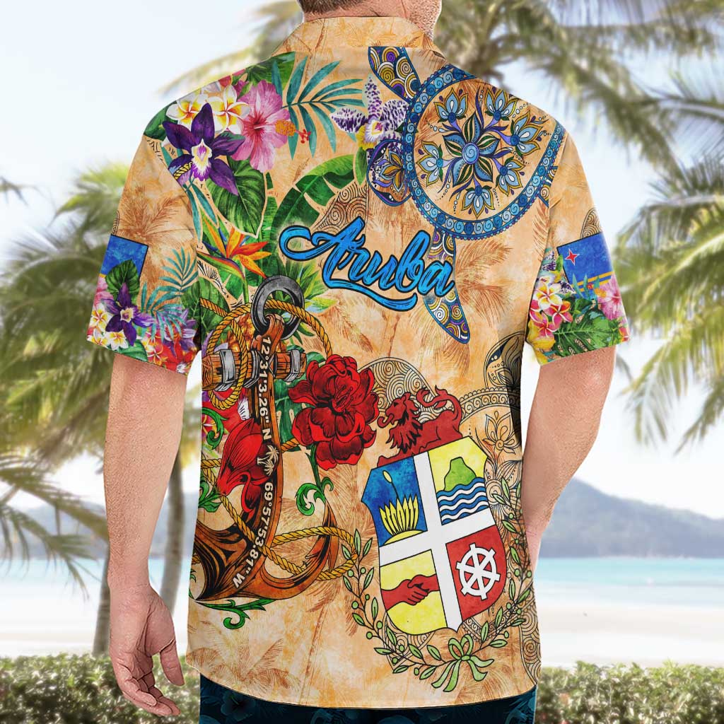 Aruba Hawaiian Shirt Geographic Coordinate Anchor - Turlte Tropical