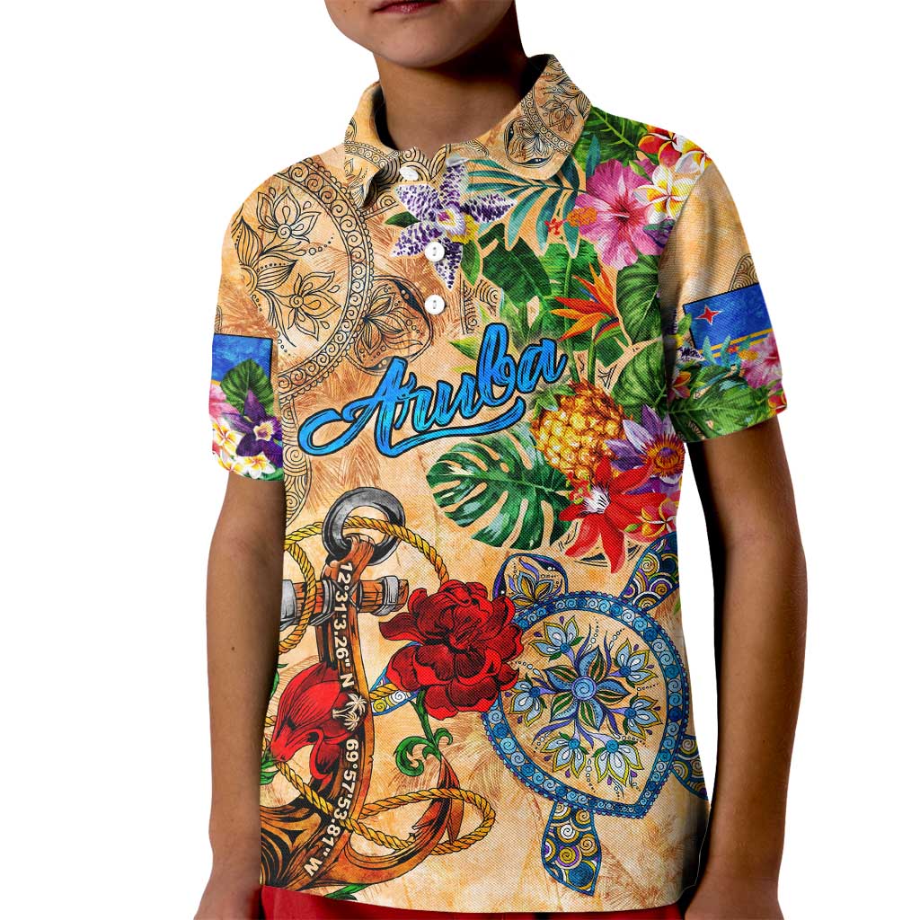 Aruba Kid Polo Shirt Geographic Coordinate Anchor - Turlte Tropical