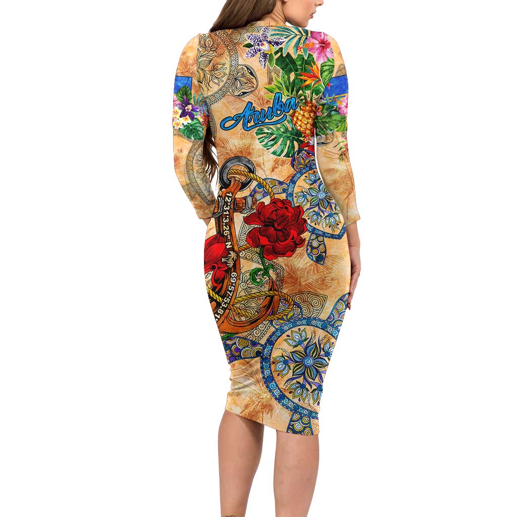 Aruba Long Sleeve Bodycon Dress Geographic Coordinate Anchor - Turlte Tropical