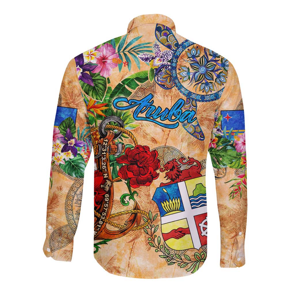 Aruba Long Sleeve Button Shirt Geographic Coordinate Anchor - Turlte Tropical