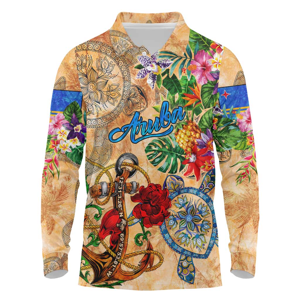 Aruba Long Sleeve Polo Shirt Geographic Coordinate Anchor - Turlte Tropical