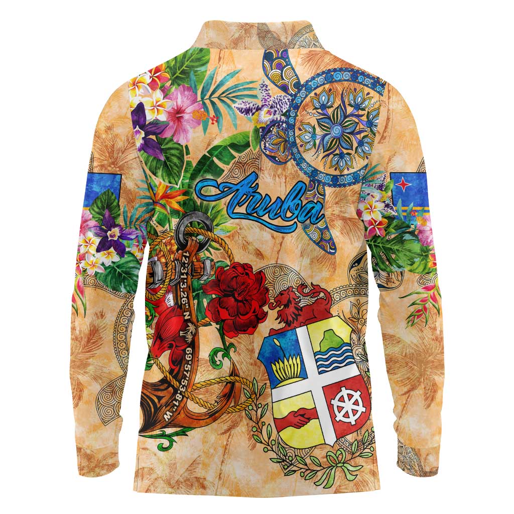 Aruba Long Sleeve Polo Shirt Geographic Coordinate Anchor - Turlte Tropical