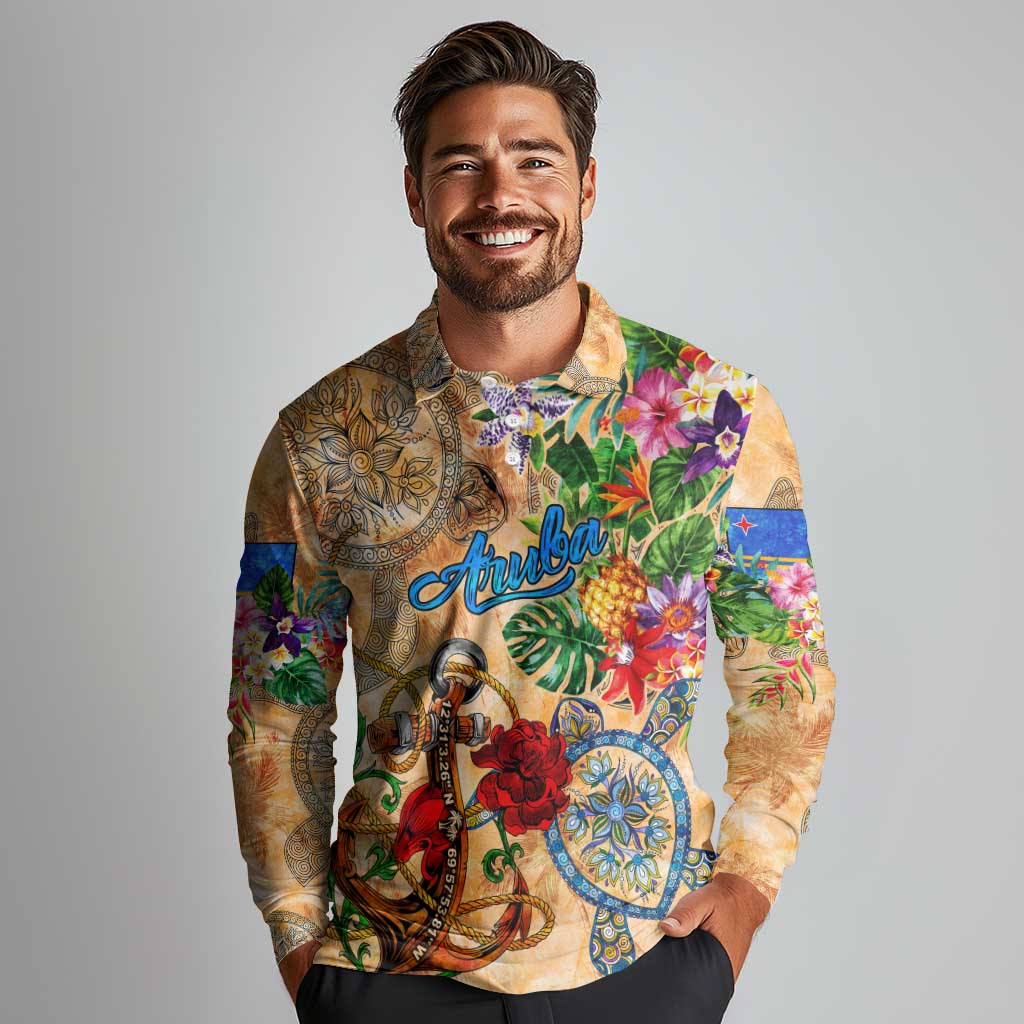 Aruba Long Sleeve Polo Shirt Geographic Coordinate Anchor - Turlte Tropical