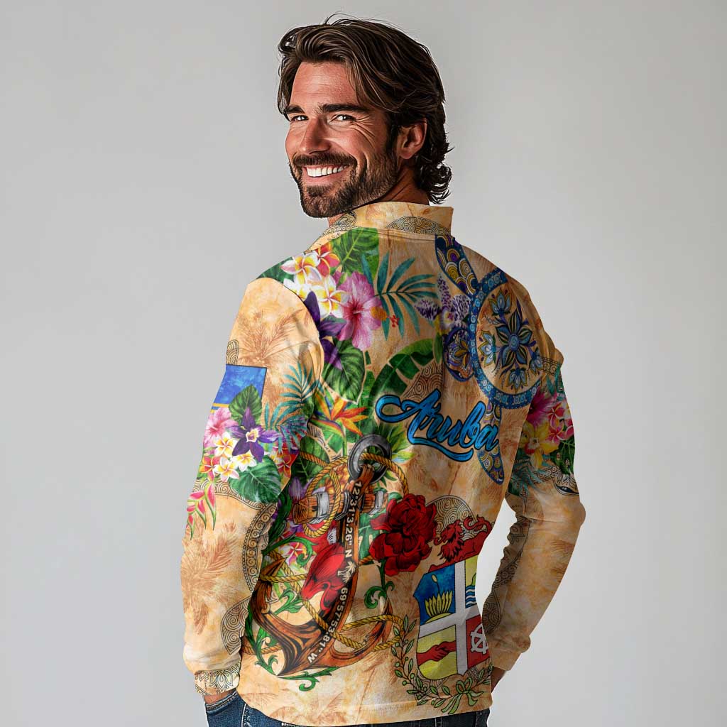Aruba Long Sleeve Polo Shirt Geographic Coordinate Anchor - Turlte Tropical