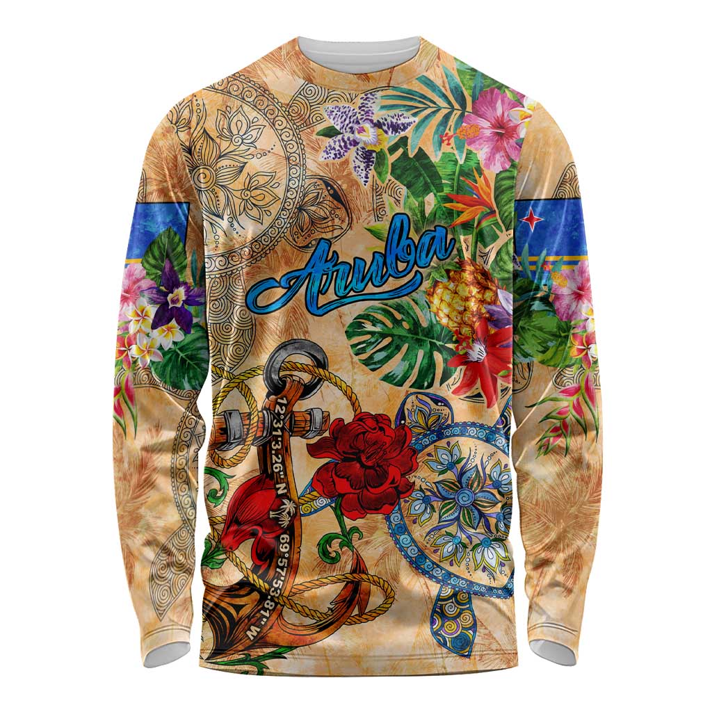 Aruba Long Sleeve Shirt Geographic Coordinate Anchor - Turlte Tropical