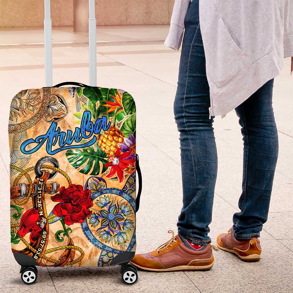 Aruba Luggage Cover Geographic Coordinate Anchor - Turlte Tropical
