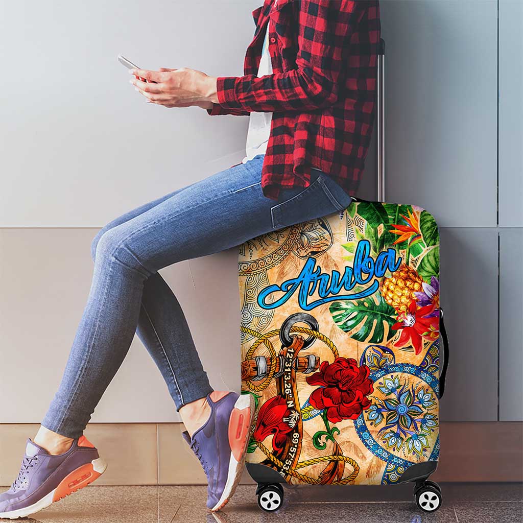 Aruba Luggage Cover Geographic Coordinate Anchor - Turlte Tropical