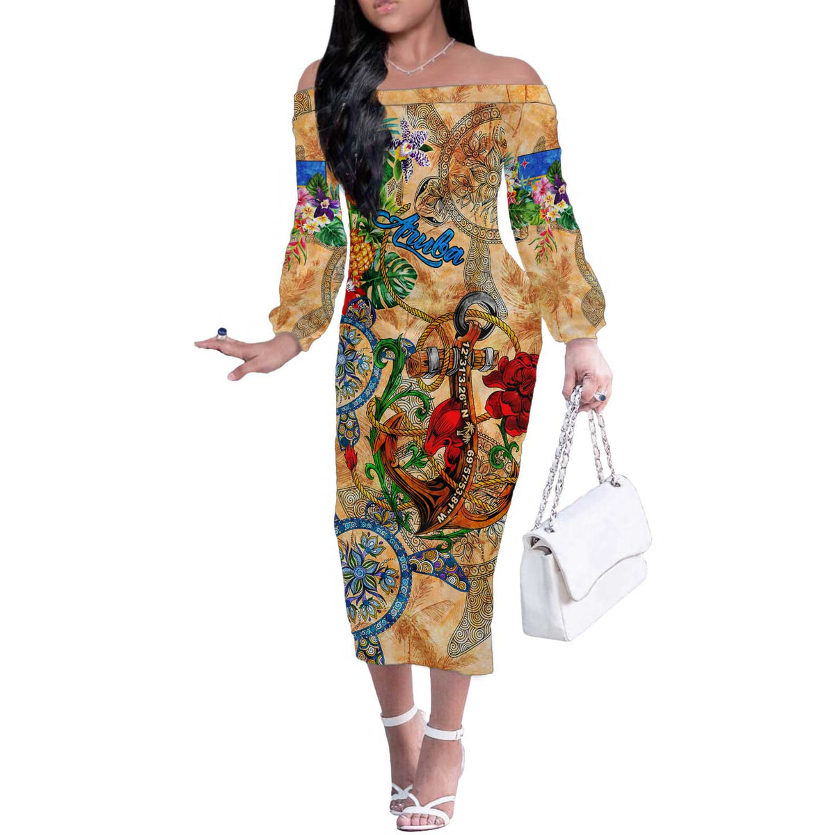 Aruba Off The Shoulder Long Sleeve Dress Geographic Coordinate Anchor - Turlte Tropical